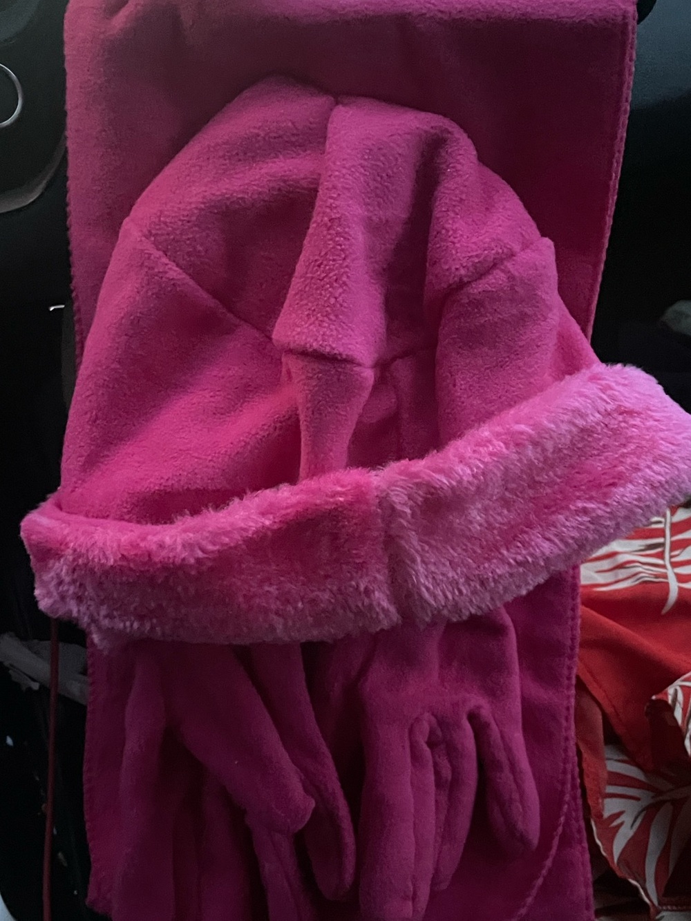 New NWT Plush Hot Pink Hooded Scarf with Gloves & Hat Set